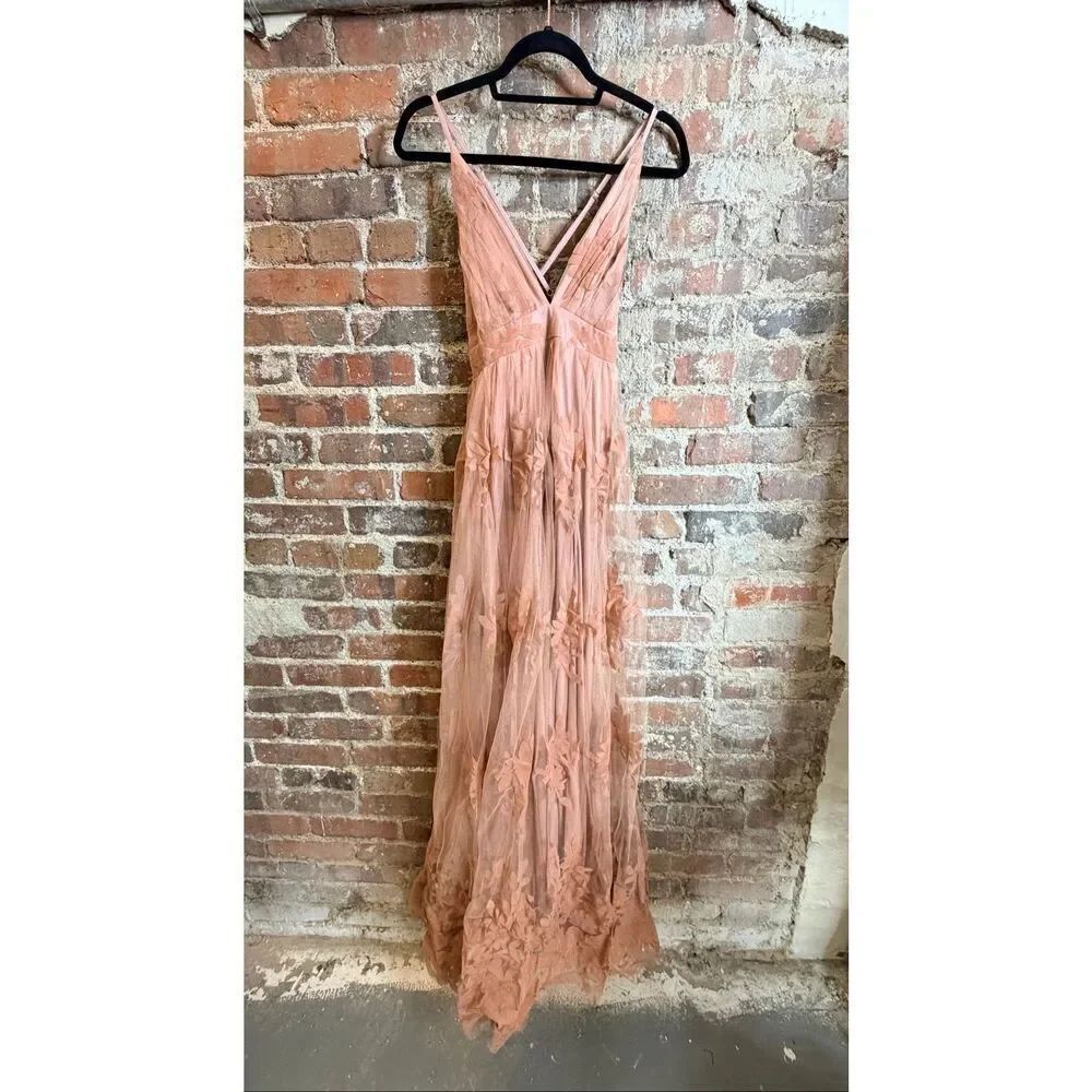 LUXXEL •  Blush Pink Velvet Floral and Tulle Deep V Plunge Back Spaghetti Cross